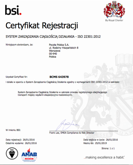 Poczta Polska certyfikat ISO 22301